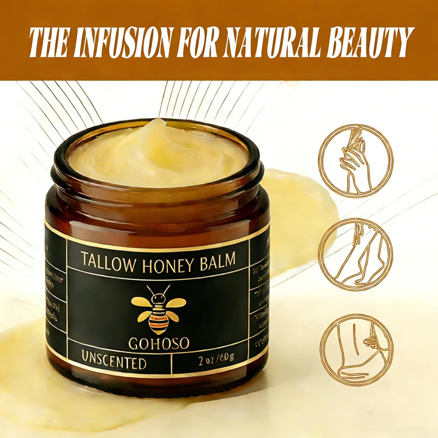 Beef Tallow Balm for Skin, Face & Body Moisturizer, Whipped Tallow Honey Balm Cream with Raw Honey, Grass Fed Cow Beef Tallow, Natural Formula for Dry & Sensitive Skin, 2 Oz