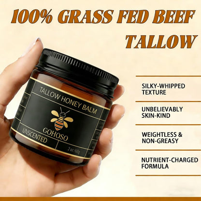 Beef Tallow Balm for Skin, Face & Body Moisturizer, Whipped Tallow Honey Balm Cream with Raw Honey, Grass Fed Cow Beef Tallow, Natural Formula for Dry & Sensitive Skin, 2 Oz