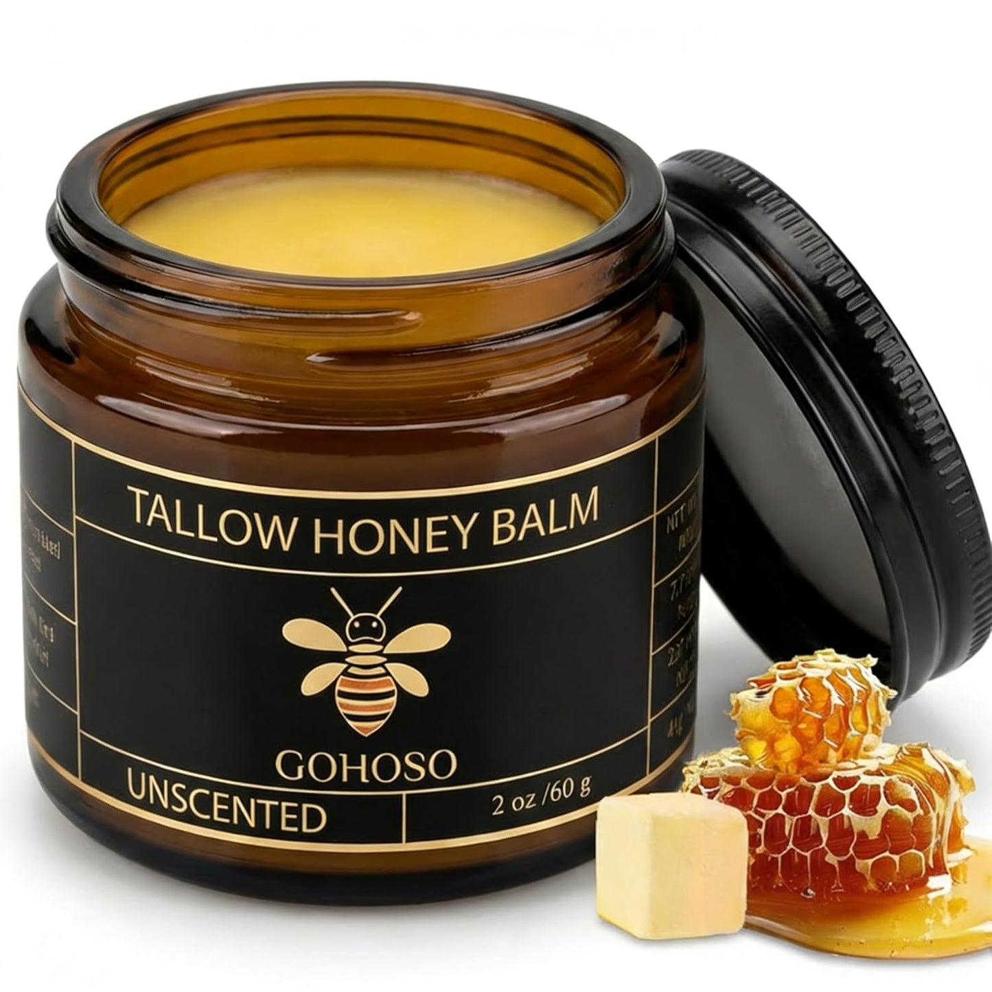 Beef Tallow Balm for Skin, Face & Body Moisturizer, Whipped Tallow Honey Balm Cream with Raw Honey, Grass Fed Cow Beef Tallow, Natural Formula for Dry & Sensitive Skin, 2 Oz